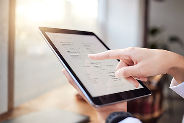 Image showing Closeup person, menu and tablet in cafe for ordering food, meal and lunch on technology. Restaurant customer, hands and screen of digital options, app choice and selection list online in coffee shop