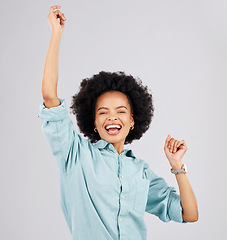 Image showing Excited, celebration and portrait of black woman in studio with winning, achievement and good news. Success, winner mockup and isolated girl on white background cheer for bonus, prize and victory