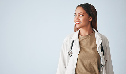 Image showing Idea, woman and smile of doctor in studio isolated on a white background mockup. Thinking, healthcare and happy, confident and proud medical professional, surgeon or female physician for wellness.