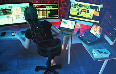 Image showing Coding, hacker woman and computer for cybersecurity, programming and big data at night. Digital, dashboard and technology of a female working on futuristic, iot and software database for phishing