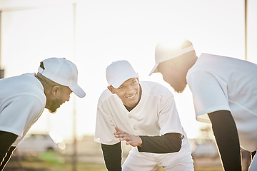 Image showing Teamwork, baseball or men planning with motivation, hope or faith in training workout match or game on sports field. Softball, smile or leadership with happy athlete group excited for mission goals