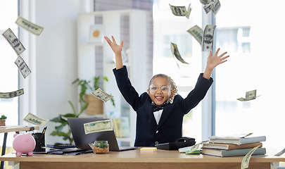 Image showing Business, office and child with money rain, smile and education in budget management or success in finance. Portrait of girl, cash and celebration of financial wealth, invest in future corporate kid.