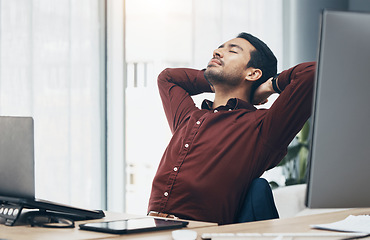 Image showing Corporate asian man, rest and stretching in office for stress, tired or burnout with eyes closed. Entrepreneur, businessman and fatigue with computer for web design, frustrated or overworked at desk