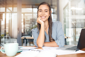 Image showing Woman designer, portrait and smile at desk for documents, pride and blueprint management in Canada. Happy young female engineer in office with confidence planning architecture strategy in company