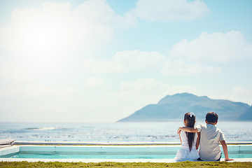 Image showing Siblings, hug and love with back by beach, sea and horizon in mock up space for friends, holiday or outdoor. Kids, girl and boy with support by mountain, ocean or waves for mockup in summer vacation