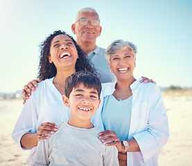 Image showing Nature, family and portrait of grandparents with kids, smile and happy bonding together on ocean vacation. Sun, fun and happiness for senior man and hispanic woman with children on holiday in Mexico.