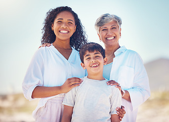 Image showing Portrait of mom, grandma and child with smile and happy family bonding together on outdoor vacation. Sun, fun and happiness for mother, old woman and boy on summer holiday travel to relax in Mexico.