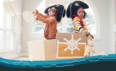 Image showing Sailing, box ship or pirate children role play, fantasy imagine or fun pretend in cardboard yacht container. Sea captain sailor, ocean boat game or portrait black kids on Halloween cruise adventure