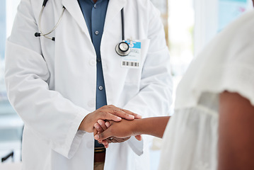 Image showing Support, hands and doctor comforting a patient after a diagnosis at a consultation in the hospital. Wellness, compassion and male medical worker with empathy for a woman in a medicare clinic.