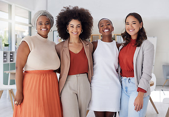 Image showing Business people in portrait, diversity and happy team, working together and professional group with collaboration. Corporate community, trust and women smile, support and female employees in office