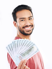 Image showing Money, cash investment and portrait of man on white background for budget, financial savings and payment. Finance profit, winner and happy male for winning, prize and stock market success in studio