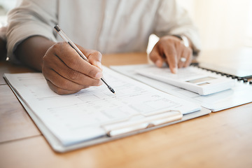 Image showing Calculator, finance and writing with hands of person for budget, payment and savings calculation. Tax, audit and documents with accountant at home for banking expenses, bills and invoice paperwork