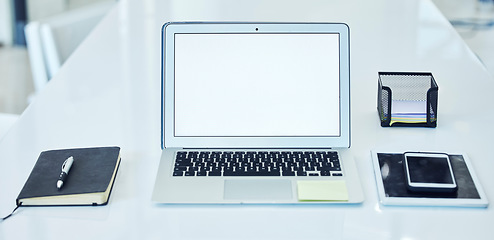 Image showing Backgrounds, laptop and mockup screen at office desk for web design, media research and technology. Blank computer, internet and mock up in business for advertising, marketing and connection on table