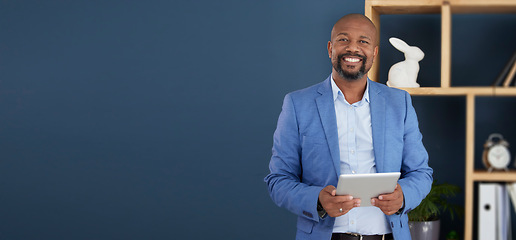 Image showing Black man, business and tablet for corporate management, planning or strategy on mockup at the office. Portrait of confident African American male CEO holding touchscreen for marketing on copy space