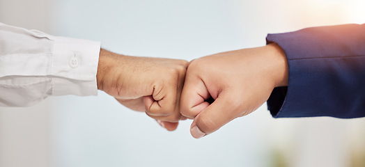 Image showing Business people, hands and fist bump in teamwork agreement for good job, winning or success at office. Employees touching hands or fists for team support, win or collaboration together at workplace