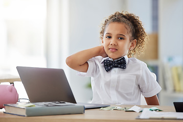 Image showing Stress, portrait and child boss in the office while working with money for accounting or math. Confused, upset and face of a young girl kid ceo sitting by a desk with a laptop in a modern workplace.