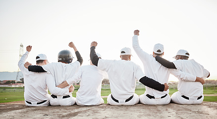 Image showing Baseball, team and winner with fist pump and men on pitch, athlete group, fitness collaboration and achievement back view. Teamwork, success and sports with male players outdoor, winning and champion