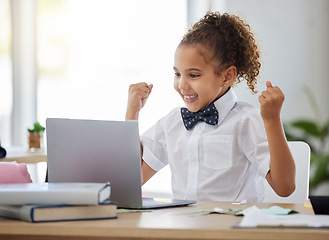 Image showing Laptop, winning and business child in office with achievement, victory and online bonus at home. Success, education and young girl on computer celebrate, happy and excited for homeschool results