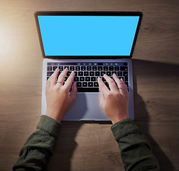 Image showing Top view, hands or laptop green screen for woman in night research, internet browsing or web design mockup in home office. Above, blue or mock up for working late person typing on technology branding