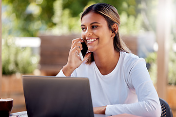 Image showing University, phone call and laptop with Indian woman at cafe for remote learning, happy and online exam. Contact, technology and college with student at coffee shop for education, project and school