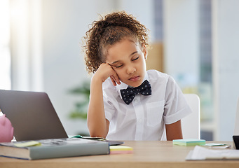 Image showing Playing, working and little girl pretending to sleep while acting and tired from work. Bored, fatigue and a child sleeping while sitting for a business game, childhood recreation and hobby at home