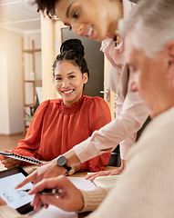 Image showing Corporate business, meeting and planning portrait of a woman with documents and tablet in office. Face of a female entrepreneur and man at table for team collaboration, teamwork and strategy or plan