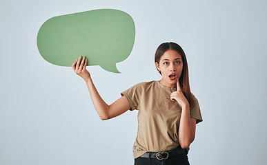 Image showing Woman, speech bubble and thinking in studio for thought, social media or problem solving with opinion. Girl student, model and paper poster for opinion, ideas and think with mindset with mockup space