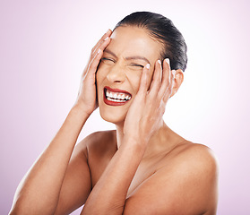 Image showing Happy woman, skincare and laugh in studio with smile for beauty, makeup or wellness by pink background. Senior model, cosmetic and comic laughing with pride, self care and natural glow on facial skin