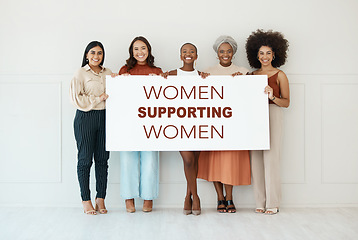 Image showing Happy women, diversity and support poster portrait for billboard, mockup or advertising on board. Strong entrepreneur female group or team with banner, paper or blank sign for power and empowerment