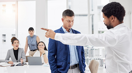 Image showing Fired, fight and angry boss is frustrated with employee and upset manager pointing out embarrassing colleague. Gesture, corporate and black man shouting at worker in an office or boardroom