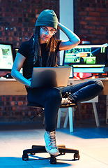 Image showing Woman hacker, night and think with laptop, confused and coding with data analysis for information technology. Female IT expert, computer or cyber crime with problem solving, thinking and development