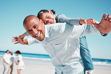 Image showing Portrait, beach and airplane by father and girl, happy and excited for travel, day off or game on blue sky background. Face, piggyback and girl with parent at sea, playing and traveling in Mexico