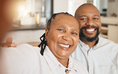 Image showing Smile, selfie and mature black couple on sofa in home with happiness and love in relationship together. Self portrait, happy man and woman taking romantic picture for social media in South Africa.