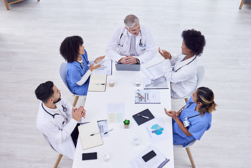 Image showing Doctors, nurses or clapping in hospital meeting, teamwork training success or medical treatment innovation in top view. Smile, happy or applause of healthcare people in diversity collaboration goals