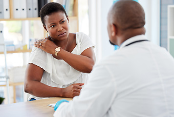 Image showing Healthcare, consultation and woman with shoulder pain at the doctor in the hospital for treatment. Sick, conversation and female patient with back injury getting checkup with medical worker in clinic