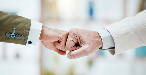 Image showing Partnership, fist bump and hands of business people together for motivation, support and cooperation. Collaboration, teamwork and men with fists for agreement, trust and management deal in office