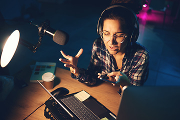 Image showing Podcast, live streaming and woman on microphone speaking, advice or broadcast on gen z platform and night neon. Influencer person with voice talking on mic for news, politics or media report on radio