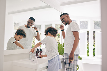 Image showing Brushing teeth, father smile and healthy morning routine in a bathroom sink with a dad and child. Hygiene, kid and dada together in a house with toothbrush and youth doing self care for dental