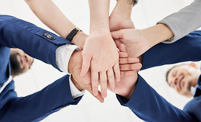 Image showing Teamwork, stack of hands and team of business people in celebration together for success or achievement. Professional, collaboration and group of corporate employees in unity to celebrate in office.