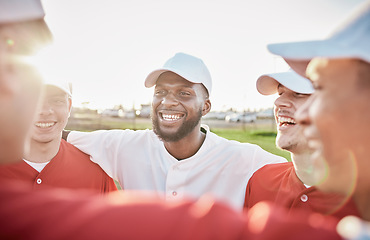 Image showing Teamwork, baseball huddle or men with motivation, hope or faith in training workout match or game on sports field. Softball, smile or leadership with happy athlete group excited for mission goals