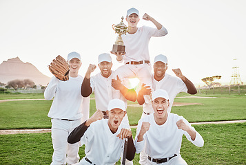 Image showing Baseball team, trophy win portrait and men with award from teamwork, game and fitness. Winner, sunset and happy collaboration of excited athlete group together with competition achievement outdoor