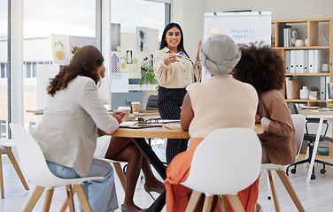 Image showing Business meeting, woman communication and team of women employee group with presentation. Whiteboard, happy worker and planning of staff from analysis collaboration and teamwork of working team