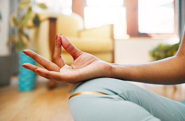 Image showing Hand, fitness or woman in yoga lotus pose for meditation, awareness or healthy wellness lifestyle. Chakra, calm or active zen girl in sitting exercise, workout or training in house exercising studio