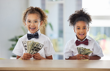 Image showing Business, smile and children in office with money, education in budget management and financial planning. Portrait of girls, accounting and investing in future finance with happy corporate girl kids