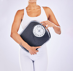 Image showing Hand, scale and woman in studio for wellness, motivation and body positive by background. Girl, model and lose weight for health, target and goals with self care for healthy anatomy by backdrop