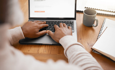 Image showing Business man, hands and laptop typing of a corporate worker with workplace notes for project. Writing, email and person with notebook and research analysis for online reading and career report