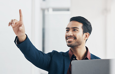 Image showing Virtual screen, laptop or happy man touch architect engineering design, cyber UI or digital transformation. AI system development, IOT dashboard or person pointing at creative architecture innovation