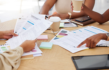 Image showing Hands, paperwork and group brainstorming in office for business insurance or application form. Teamwork, coworking and professionals or people with documents in meeting for planning or discussion.