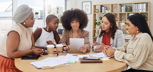 Image showing Teamwork, meeting and business women with tablet in office for brainstorming, discussion or planning. Technology, cooperation and group of people or employees with touchscreen for marketing strategy.