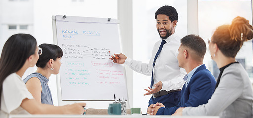 Image showing Businessman, coaching and meeting on whiteboard for planning, strategy or idea in boardroom at office. Black man mentor coach training staff or business people in corporate presentation at workplace